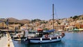 Symi town, Symi island, pictorial view of colorful houses and Yialos harbour