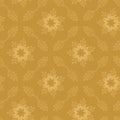 Vector seamless background, symmetrical yellow pattern with oak leaf mandalas on old gold backdrop.