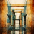 Symmetric Abstract Watercolor Painting Of Abandoned Buildings In Dark Cyan And Light Amber Royalty Free Stock Photo