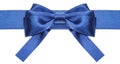 Symmetric blue bow with square cut ends on ribbon