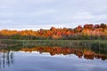 Symmetric landscape featuring colourful Fall foliage reflected in a marsh