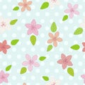 Symmetric lilies illustration, sky blue polka dots background seamless pattern Royalty Free Stock Photo