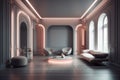 Symmetric Luxury: Gray & Blush Pink Design with Neon Lights and Shiny Walls