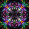 Symmetric multicolored fractal tracery. Collection - frosty pattern. On black.