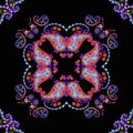 Symmetric ornament with colorful paisley elements on black background. Bright ceramic tile Royalty Free Stock Photo