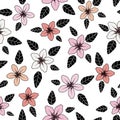 Symmetric pink lilies illustration black outlines and black leaf, pink variations. Royalty Free Stock Photo