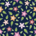 Symmetric pink lilies white outline over dark blue background  contrast unfit colored, seamless pattern Royalty Free Stock Photo