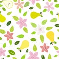 Symmetric pink lilies and yellow and green pear, flat vector illustration over white, saturated background seamless pattern Royalty Free Stock Photo