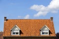 Symmetric red tiled roof with two dormers with rolling shutters