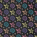 Symmetric Seamless Grunge Pattern of Chalk Drawn Sketches Stars and Spirals on Dark Blackboard. Starry Space Print Royalty Free Stock Photo