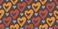 Symmetric Seamless Pattern of Hand-Drawn Red and Yellow Hearts on Brown Background. Style of Children\'s Drawing Royalty Free Stock Photo