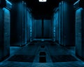 Symmetric server room with rows of mainframes in modern data center, futuristic dark design Royalty Free Stock Photo