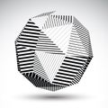 Symmetric spherical 3D vector technology illustration, perspective geometric striped orb, abstract black and white background.