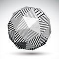Symmetric spherical 3D vector technology illustration, perspective geometric striped orb, monochrome futuristic template with par