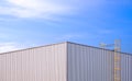 Symmetric view of white Corrugated iron Industrial Building with yellow cylinder Ladder against blue sky Background Royalty Free Stock Photo