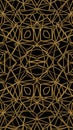 Symmetrical abstract geometric pattern with sharp golden lines forming intricate interconnected shapes against a solid black Royalty Free Stock Photo