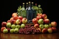 a symmetrical arrangement of cider bottles and apples