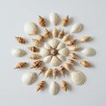 A symmetrical arrangement of seashells forms a radial pattern on a white Royalty Free Stock Photo