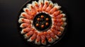 Symmetrical Arrangement Of Sushi And Carrots On Black Platter