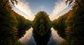 Symmetrical autumn forest reflected in river at sunset with dramatic wispy clouds above Royalty Free Stock Photo