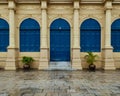Symmetrical Blue Doors In the Rain