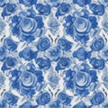 Symmetrical blue and white roses pattern style (AI Generative)