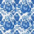 Symmetrical blue and white roses pattern style (AI Generative)