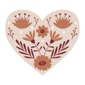 Symmetrical Botanical Heart with floral elements, buds and twigs. Decorative element for Valentine's day cards