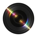 Symmetrical camera lens graphic displaying concentric black rings and lens elements