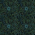 Symmetrical circuit board pattern with blue and green lines on a black Royalty Free Stock Photo
