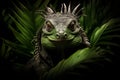 Symmetrical close-up portrait of expressive astrological dragon in lush green jungle