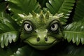 Symmetrical Close-Up Portrait of Expressive Astrological Dragon in Lush Green Jungle