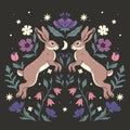 Symmetrical composition of two hares and flowers on a dark background. Vector graphics