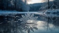 Symmetrical coniferous tree reflects winter beauty in tranquil pond generated by AI