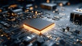 A symmetrical 3D rendering of a circuit board, featuring a chip and electronic components, illuminated by bright light Royalty Free Stock Photo