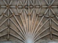 The symmetrical detail of the vaulted ceiling and ornate bosses in Norwich Cathedral, Norfolk, UK