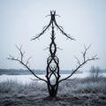 Symmetrical, digitally manipulated image of a leafless tree with intertwined branches, Royalty Free Stock Photo