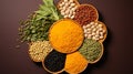 Symmetrical display of assorted Indian lentils and pulses