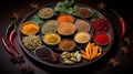 Symmetrical display of vibrant Indian spices in masala dabbas