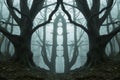 A symmetrical edit of a spooky forest. With trees silhouetted on a moody foggy winters day