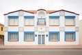 symmetrical facade of white spanish house with blue trimmed windows Royalty Free Stock Photo