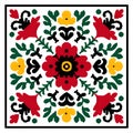 A symmetrical floral pattern with red, yellow, green, and black elements on a checkered background Royalty Free Stock Photo