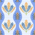 Symmetrical floral vector seamless pattern. Spring yellow Mimosa flowers and leaves on blue striped background Royalty Free Stock Photo