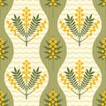 Symmetrical floral vector seamless pattern. Stylized yellow Mimosa flowers and leaves on green striped background