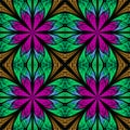 Symmetrical fractal pattern in stained-glass window style. Purple, brown and green palette. On black.