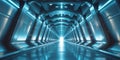Symmetrical futuristic hallway with blue neon light and repeating arches. Royalty Free Stock Photo