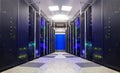 Symmetrical futuristic modern server room in the data center with