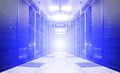 Symmetrical futuristic modern server room in the data center with a bright light