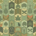 Symmetrical geometric pattern featuring stylized leaf designs in shades of green, brown, and tan. Royalty Free Stock Photo