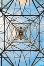 Symmetrical Geometric View from Underneath a High-Voltage Power Tower Royalty Free Stock Photo